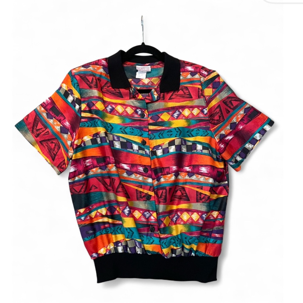 Vintage Aztec Colorful Shirt Collar Southwest Multicolor Retro 80s Blouse Tribal